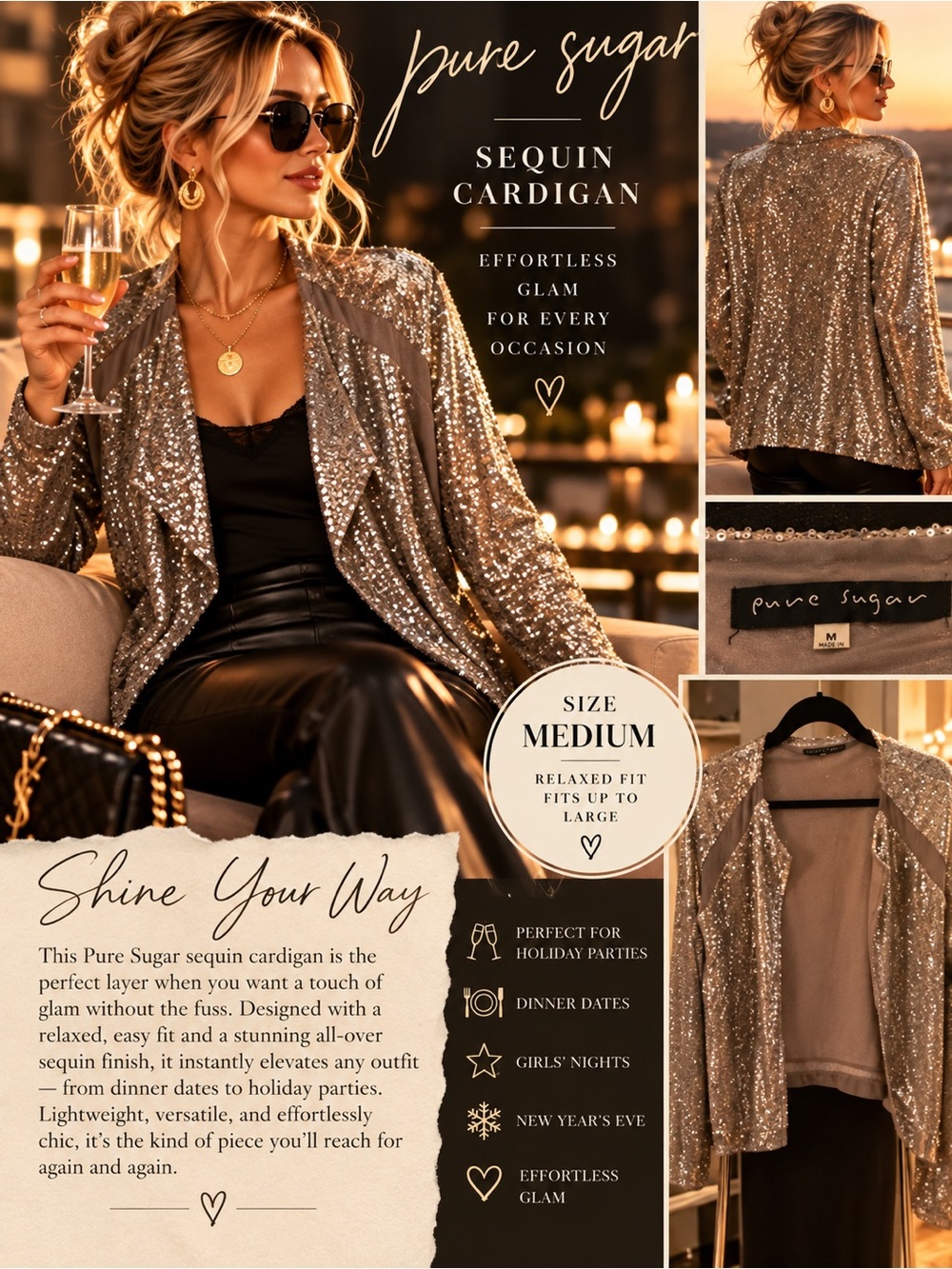 Pure Sugar Sequin Cardigan in Gold Size Medium Like New